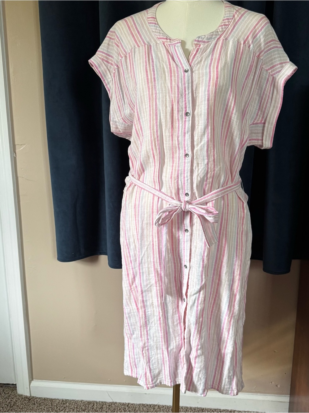 Splendid Striped Dress Linen and Viscose has Pockets Tie Waist